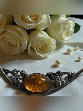 Art Nouveau Baltic Amber Statement Necklace | Sterling